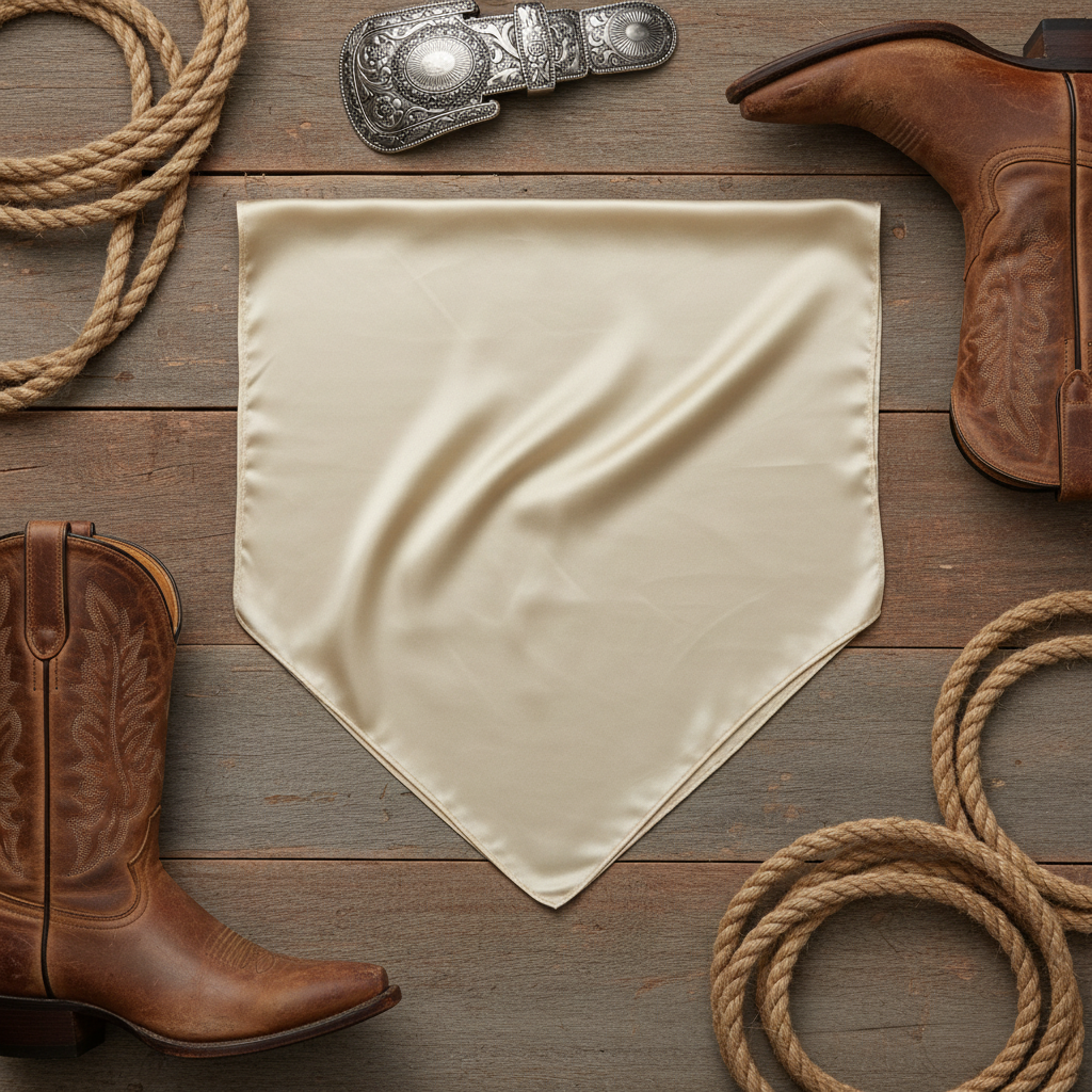 Cream beige wild rag 23x23 laid flat in square shape with western accessories