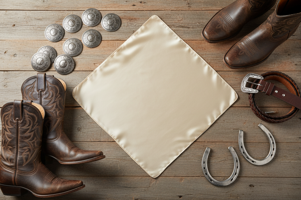 Cream beige wild rag 23x23 laid flat in square shape with western accessories