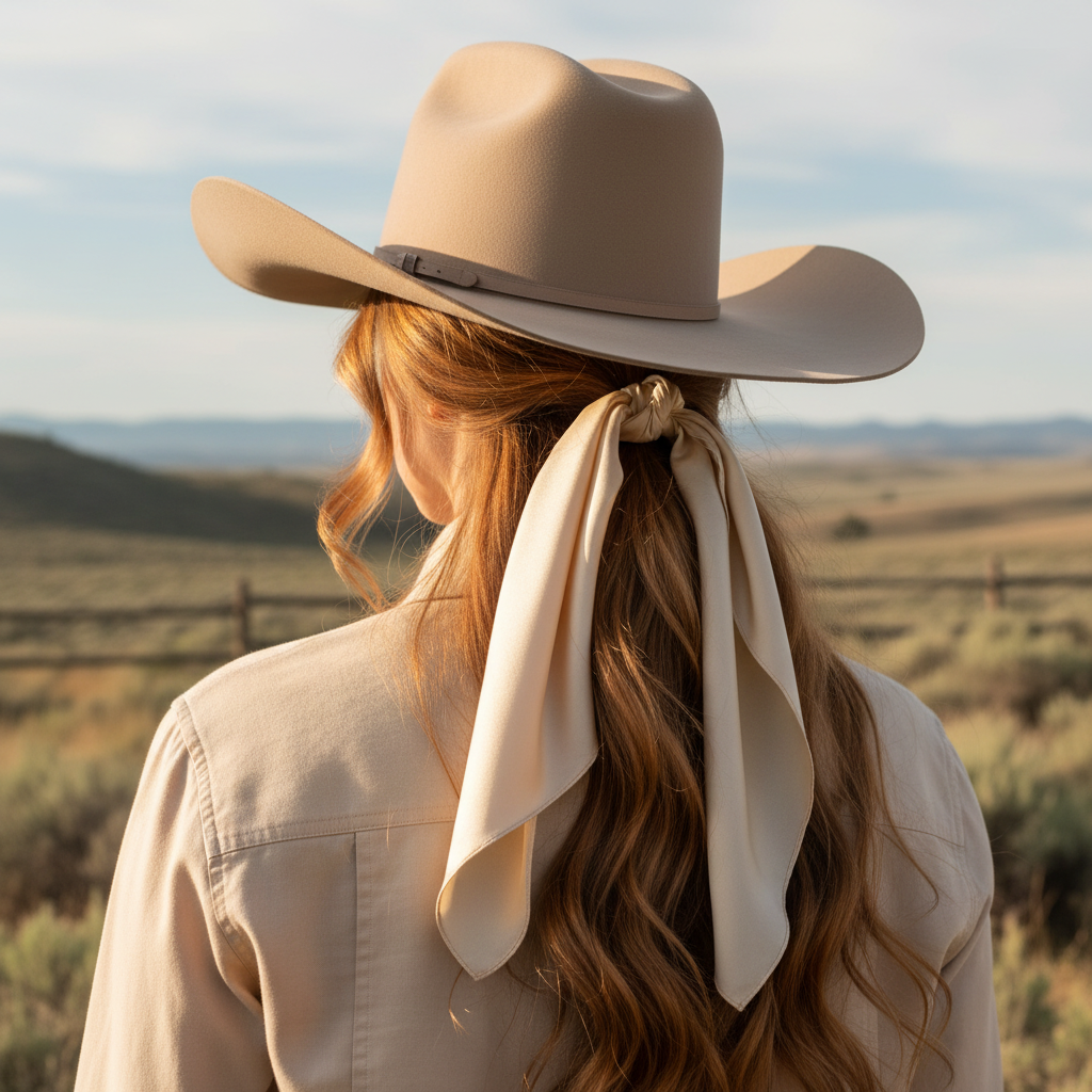 Cream beige wild rag 23x23 scarf styled as hair tie on cowgirl
