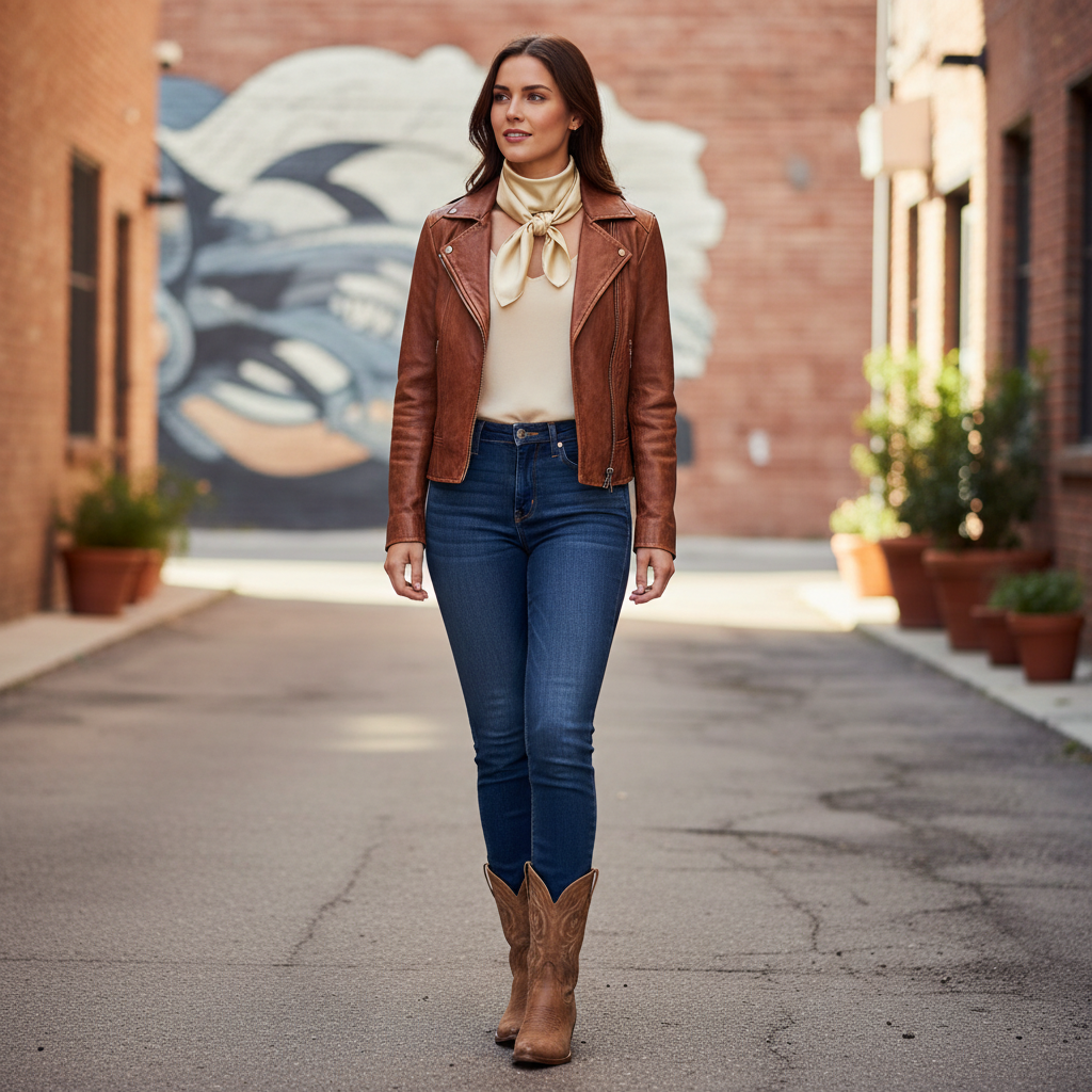 Cream beige wild rag 23x23 styled with leather jacket and boots