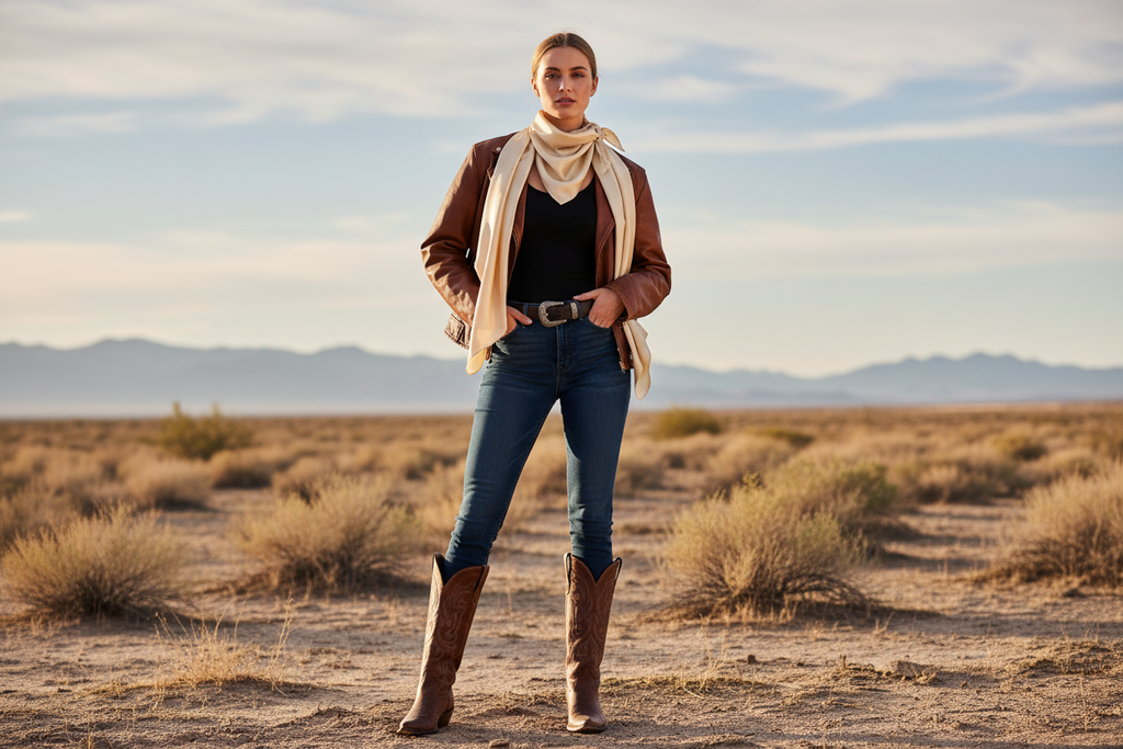Cream beige wild rag 23x23 styled with leather jacket and boots