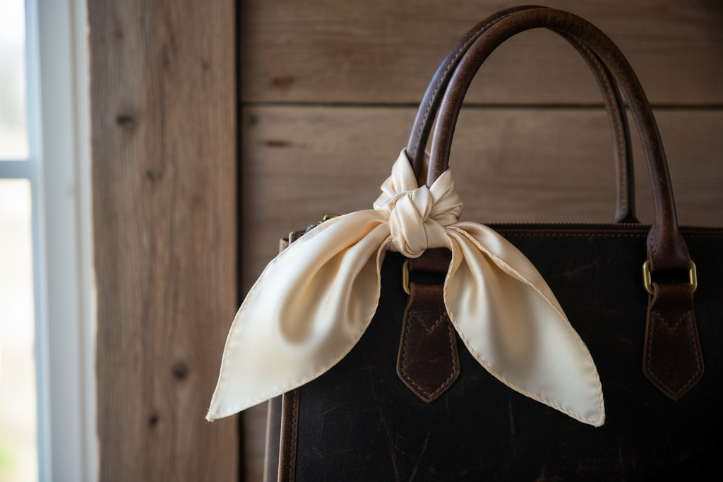 Cream beige wild rag 23x23 tied on western leather purse