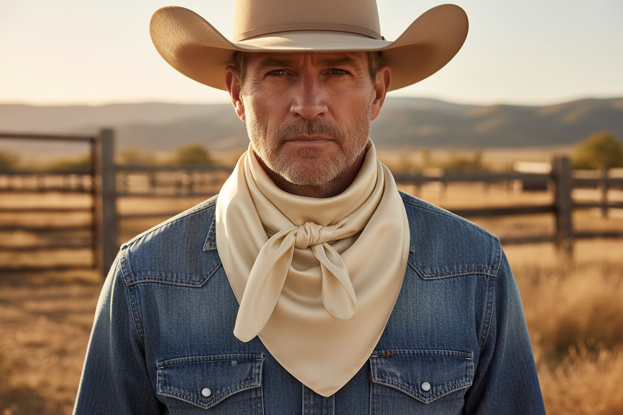 Cream beige wild rag scarf doubled around cowboy's neck