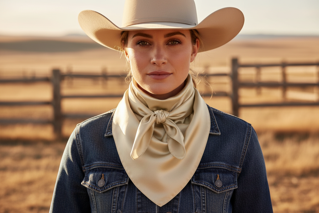 Cream beige wild rag scarf doubled around cowgirl's neck