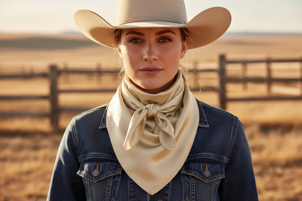 Cream beige wild rag scarf doubled around cowgirl's neck