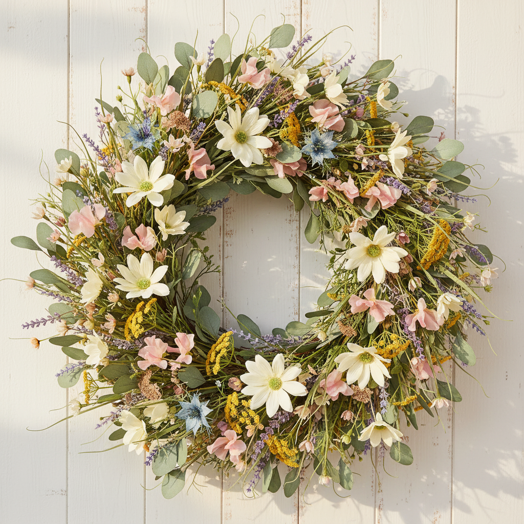 Cream Daisy Wildflower Wreath – Blush Sweet Pea + Yellow Yarrow + Blue Nigella + Dusty Lavender + Eucalyptus Base