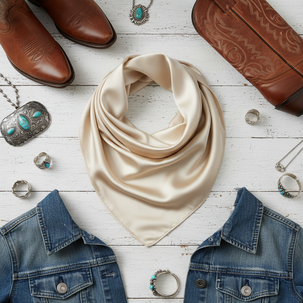 Cream satin scarf 19x19 flat lay with western accessories