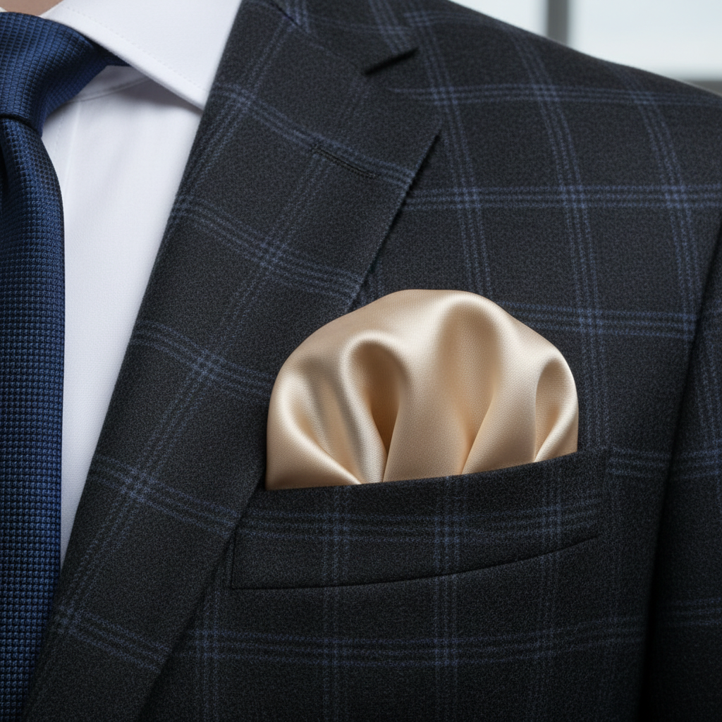 Cream satin scarf 19x19 folded as pocket square in blazer