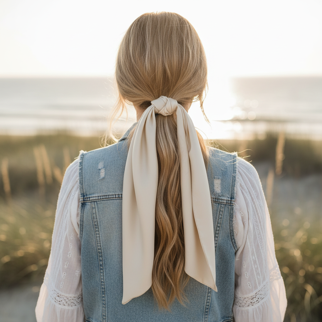 Cream satin scarf 19x19 tied at ponytail draping down