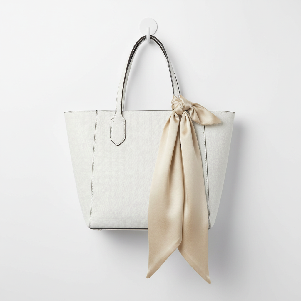 Cream satin scarf 19x19 tied on white purse draping down