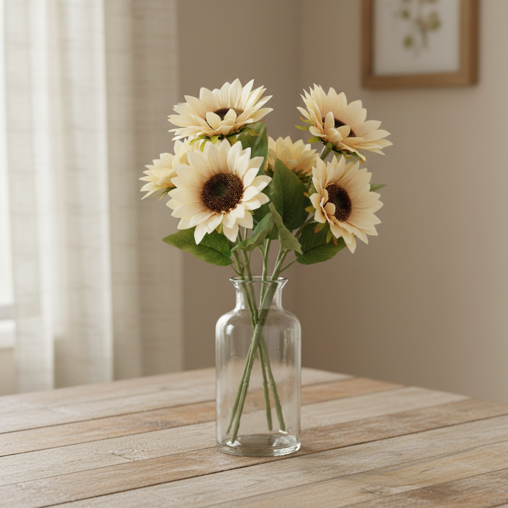 Cream sunflowers in farmhouse vase