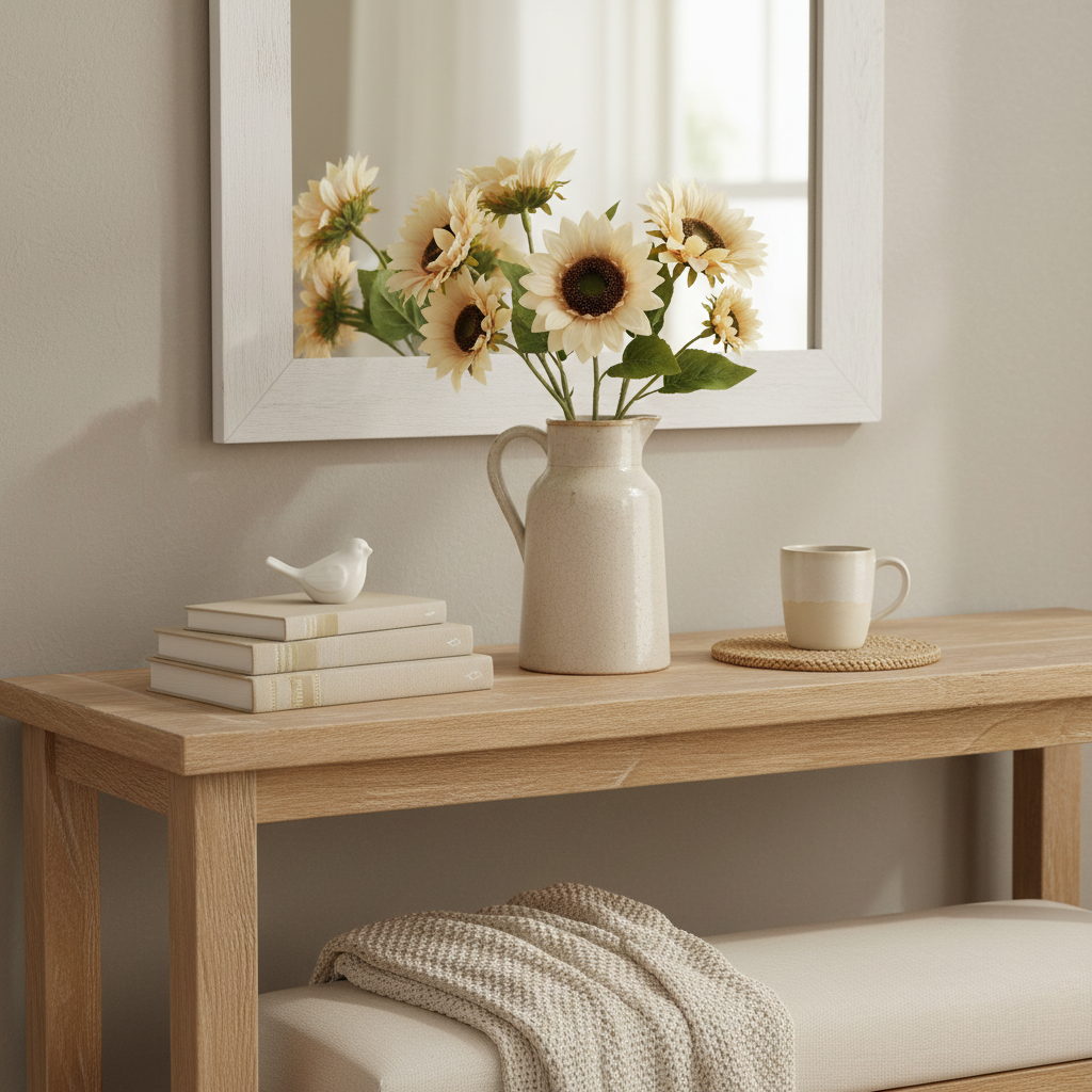 Cream sunflowers in vintage pitcher