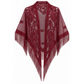Burgundy Floral Lace Triangle Shawl Fringe Sheer Evening Wedding Formal Wrap