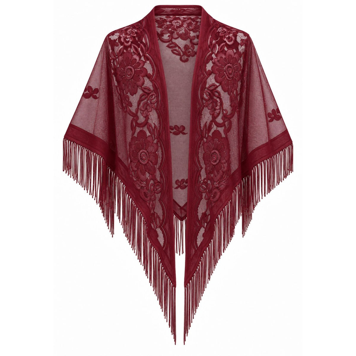 Burgundy Floral Lace Triangle Shawl Fringe Sheer Evening Wedding Formal Wrap
