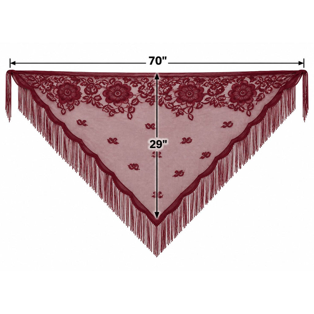 A burgundy lace triangular shawl or scarf with floral embroidery and fringe, shown on a white background with dimension lines indicating 70 inches wide and 29 inches deep.