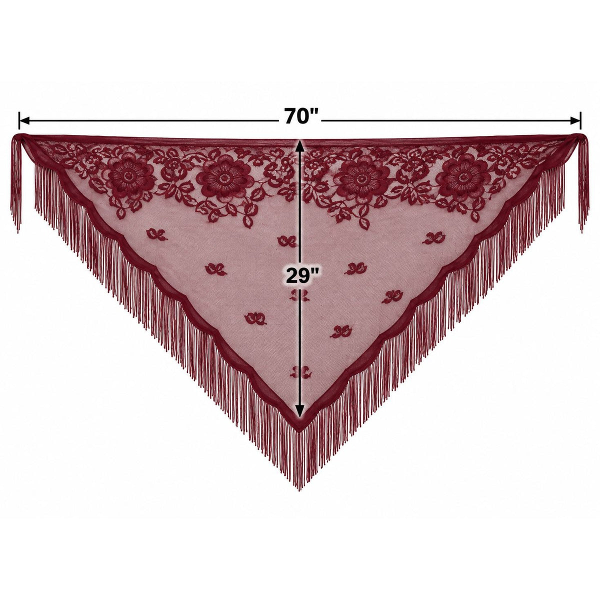 A burgundy lace triangular shawl or scarf with floral embroidery and fringe, shown on a white background with dimension lines indicating 70 inches wide and 29 inches deep.