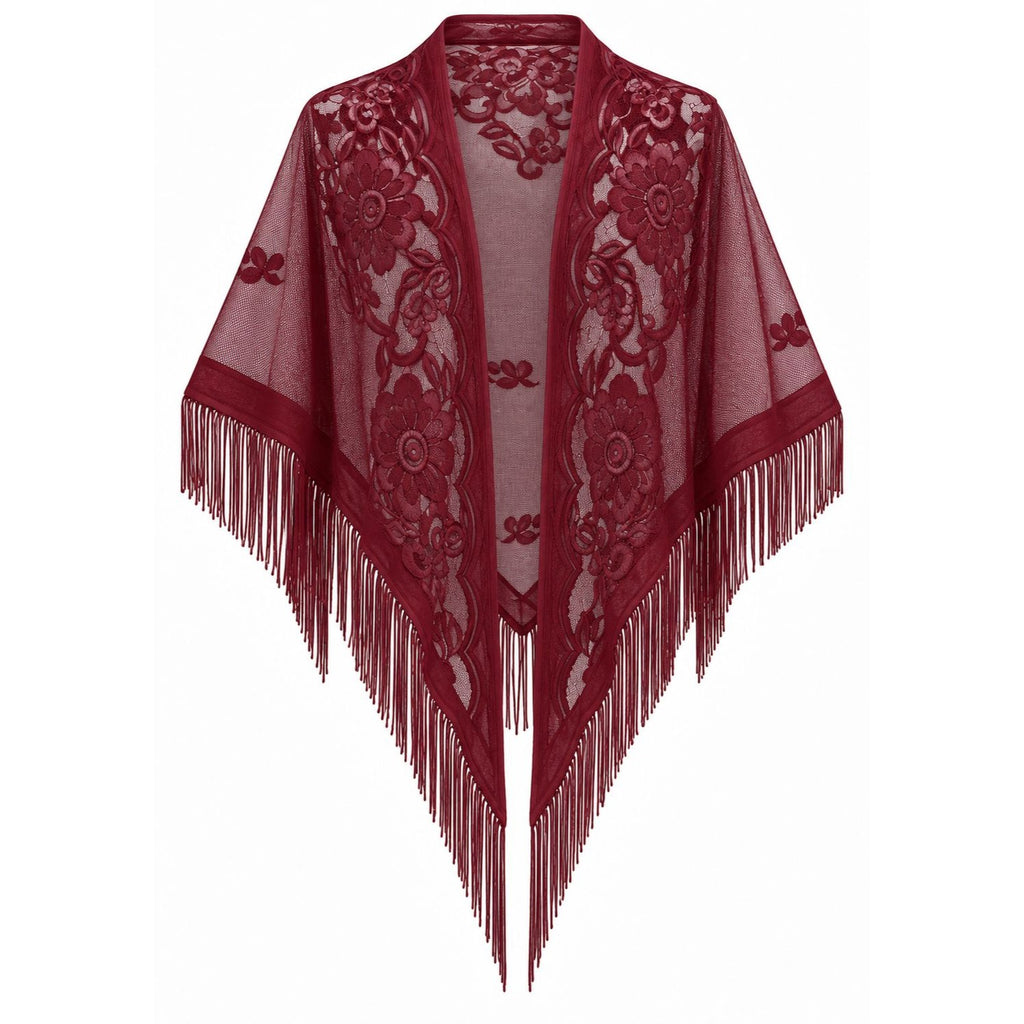 A burgundy lace and mesh shawl with intricate floral embroidery and long fringe trim, displayed on a clean white background.