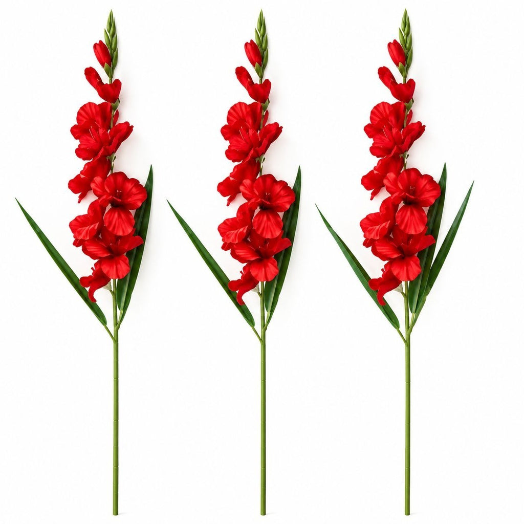 3 Red Artificial Gladiolus Stems 31 Inch Faux Silk Flowers for Church Decor