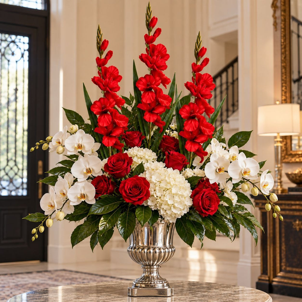 A large artificial floral arrangement in a silver urn vase, featuring red gladiolus, red roses, white hydrangeas, and white orchids, displayed on a marble table in an elegant interior setting.