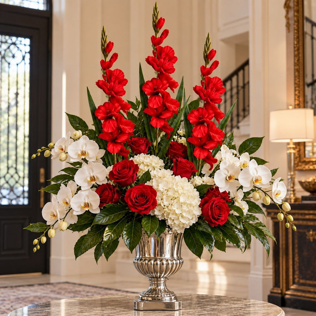 A large artificial floral arrangement in a silver urn vase, featuring red gladiolus, red roses, white hydrangeas, and white orchids, displayed on a marble table in an elegant interior setting.