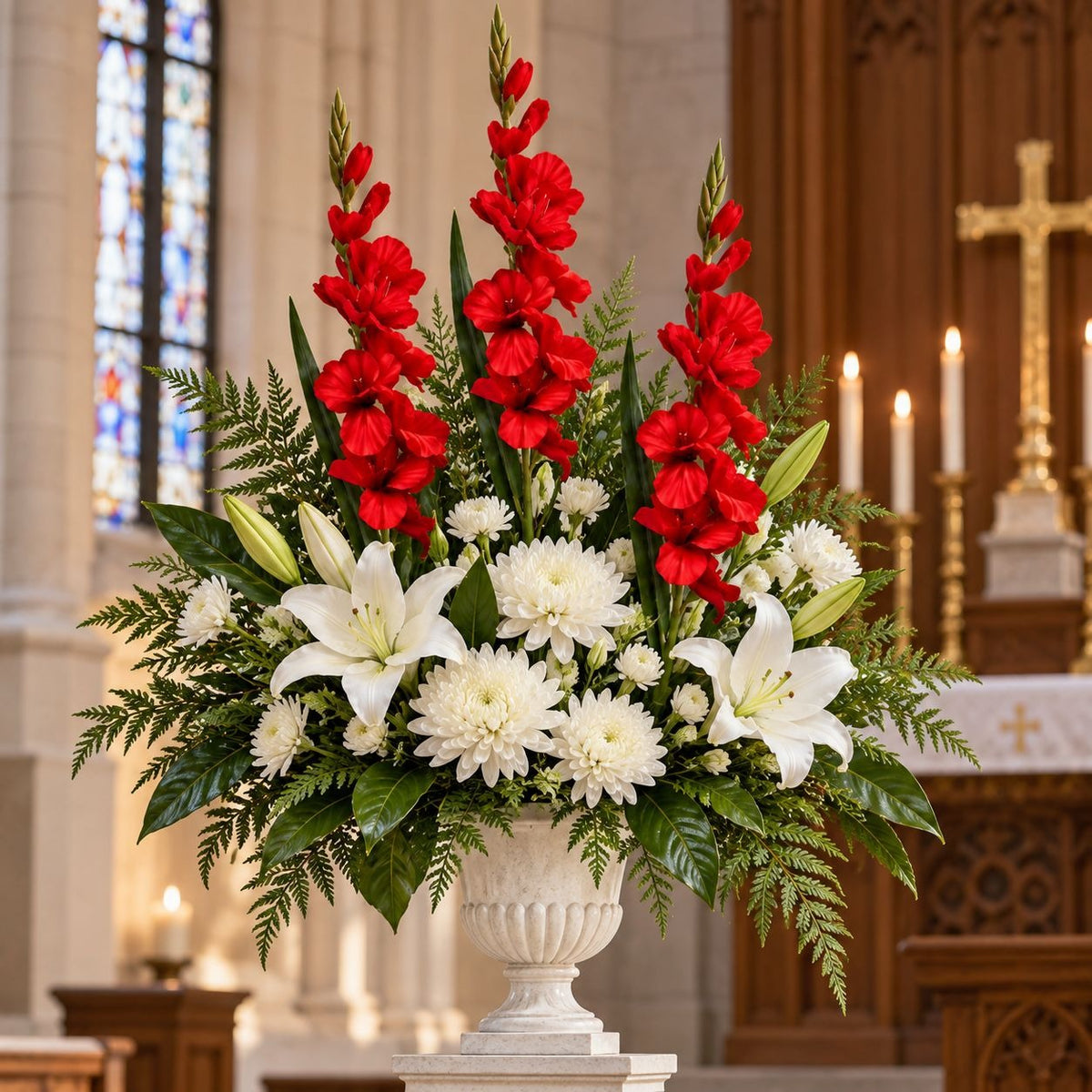 A large floral arrangement featuring bright red gladiolus, white lilies, white chrysanthemums, and green foliage in a white urn, displayed in a church interior with candles and a cross in the background.