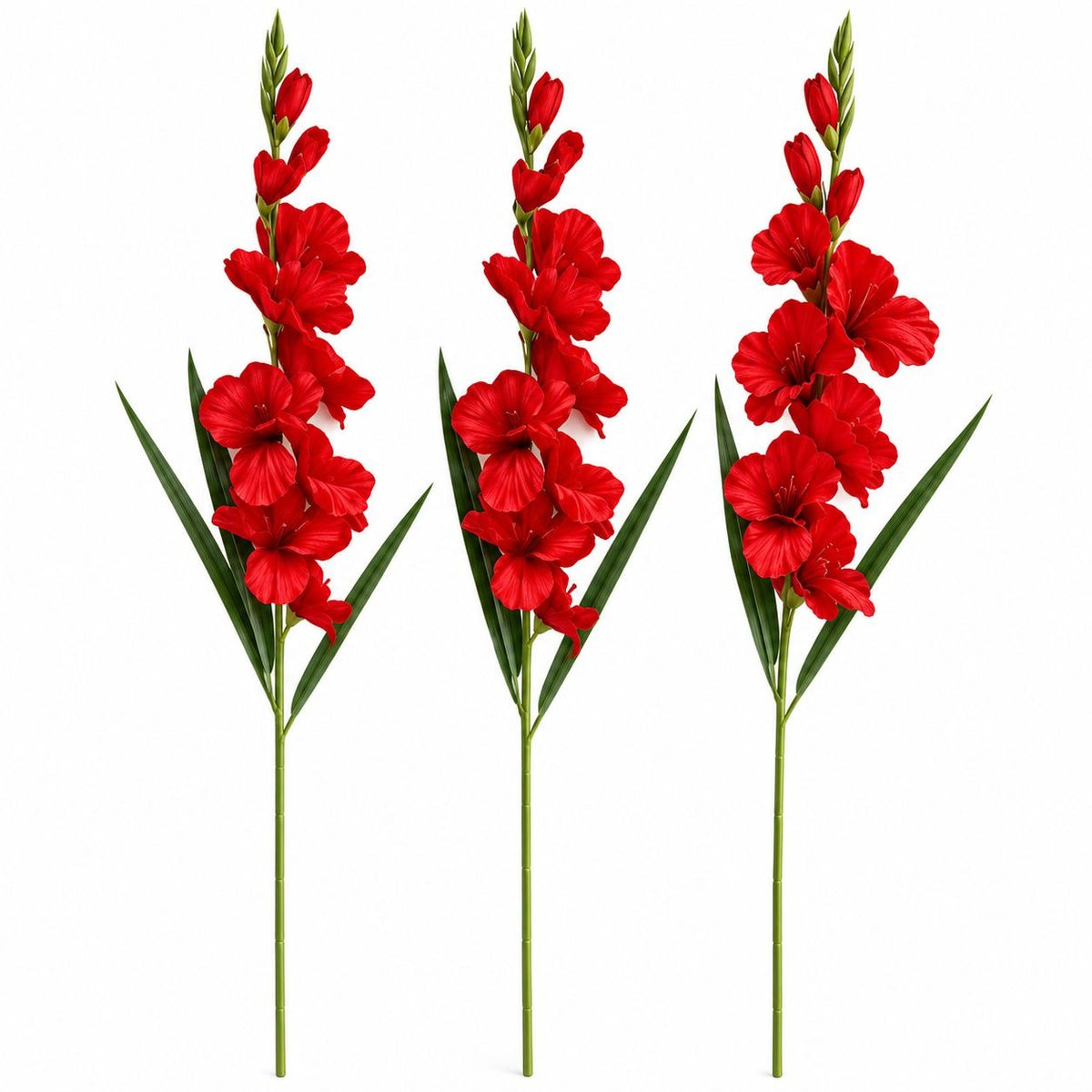 Three artificial red gladiolus flower stems with green leaves and stems, arranged vertically on a plain white background.
