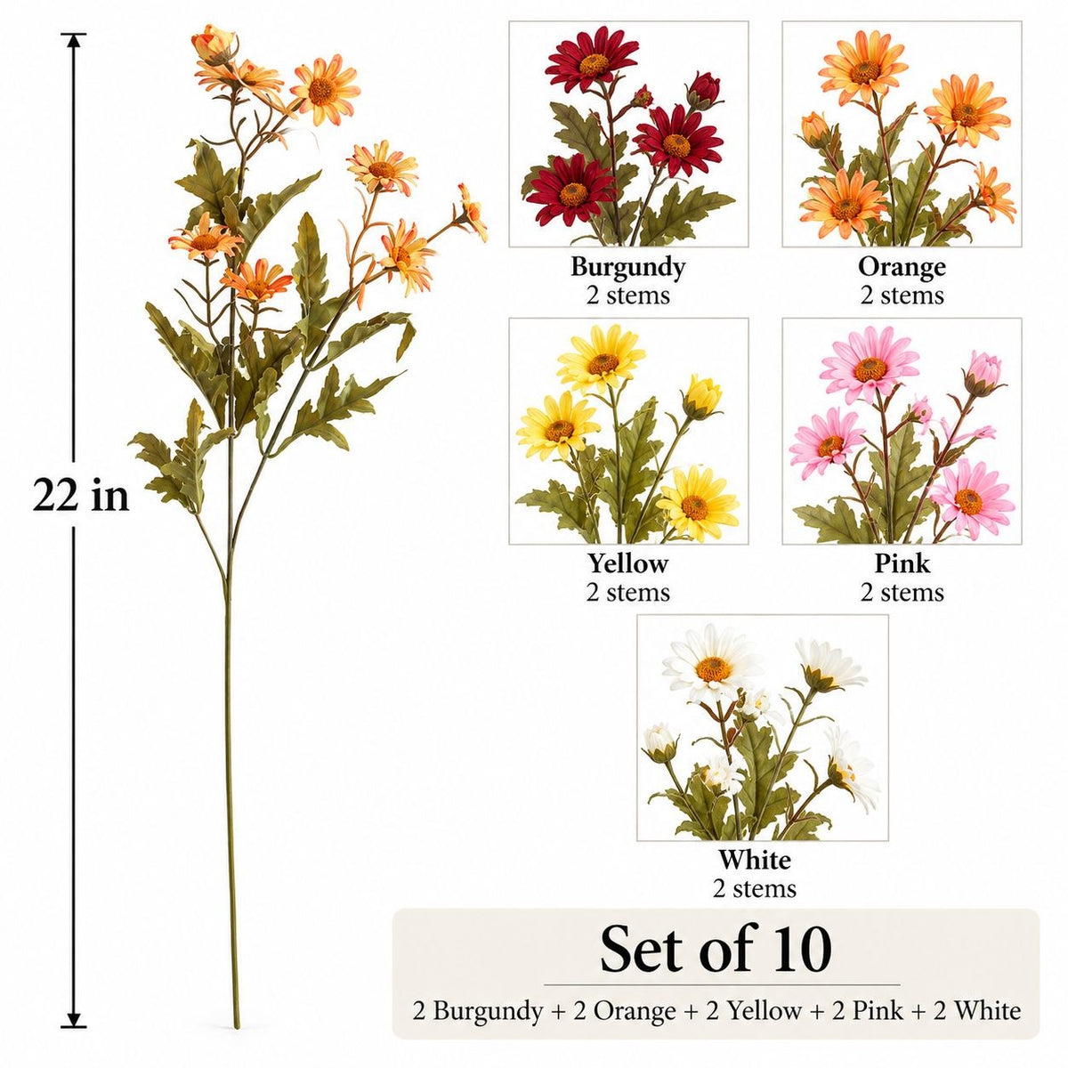10 Artificial Wildflower Stems, 22-Inch Mixed-Color Faux Floral Filler