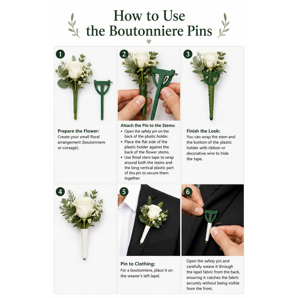 Boutonniere Pins Set of 2 Floral Corsage Pins Green Floral Holders Wedding Supplies Prom Flowers Mother of Bride Corsage DIY Boutonniere Maker