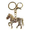 Golden horse rhinestone keychain with moveable tail, front view showing sparkling details