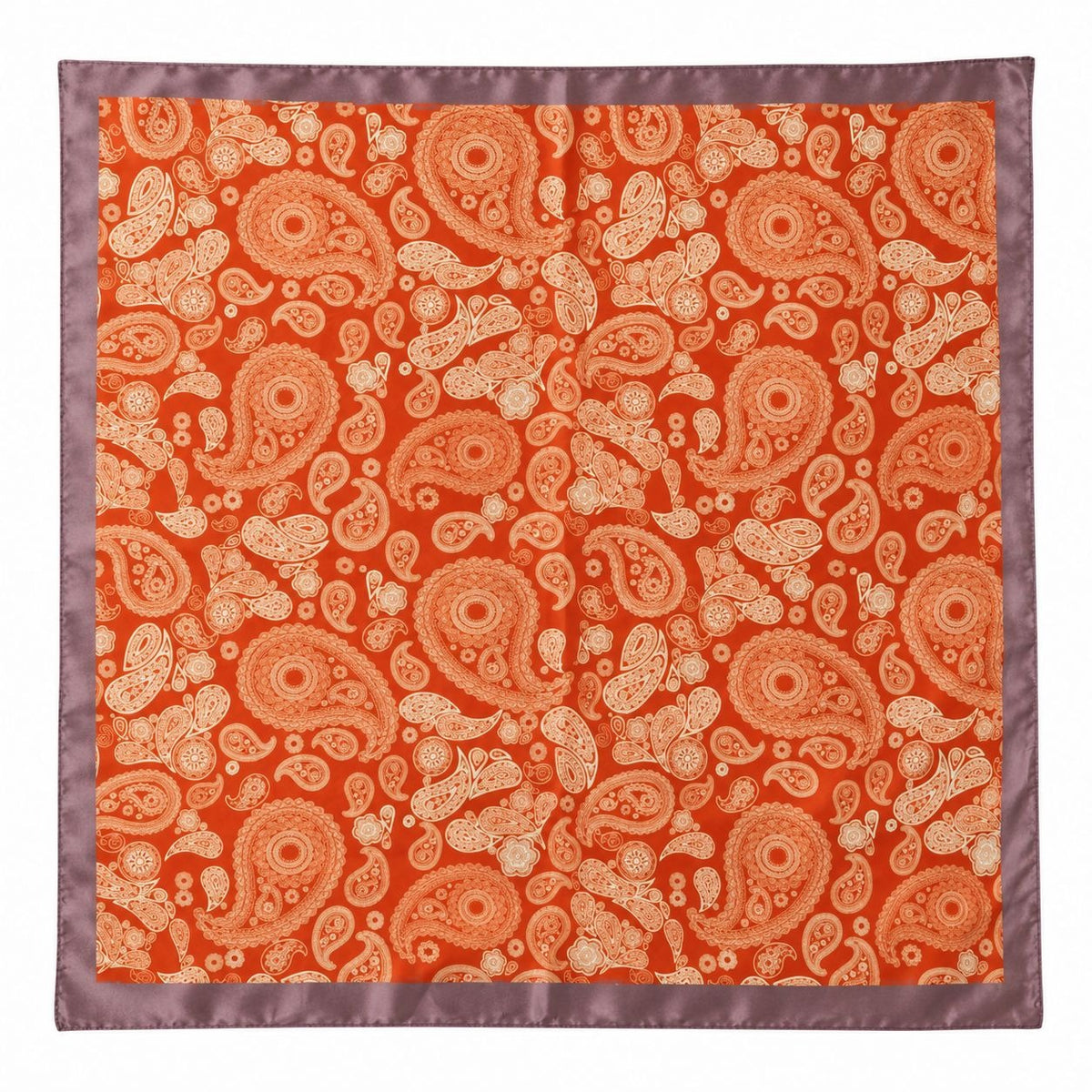 A square silk-like scarf featuring an all-over paisley pattern in orange and beige, finished with a contrasting mauve satin border.