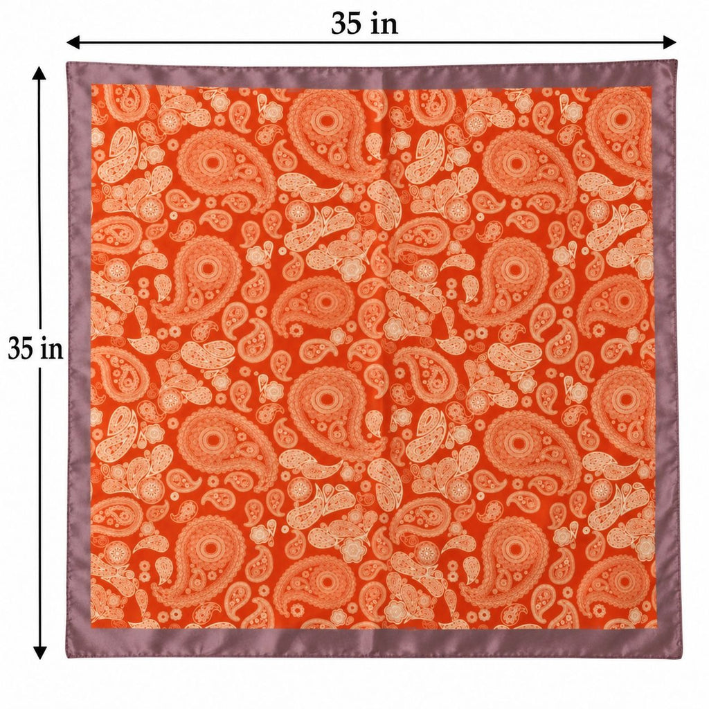 A square scarf with a vibrant orange and beige paisley pattern and a contrasting mauve satin border, shown with dimension lines indicating a size of 35 inches by 35 inches.