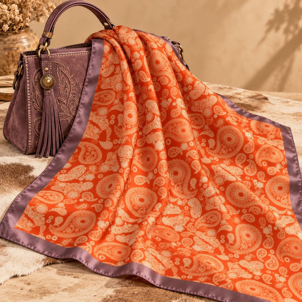 An orange paisley scarf with a mauve-purple border is draped over a matching mauve handbag on a rustic surface with a cowhide rug and warm beige background.