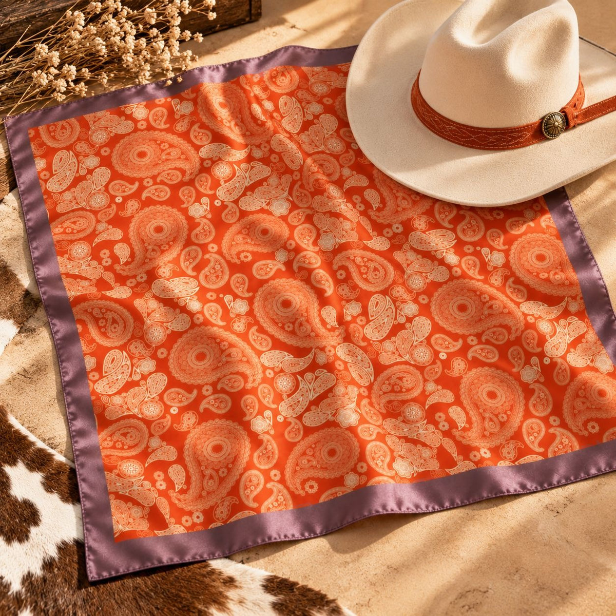 An orange satin scarf with a cream paisley pattern and a purple border, styled with a white cowboy hat on a tan surface.
