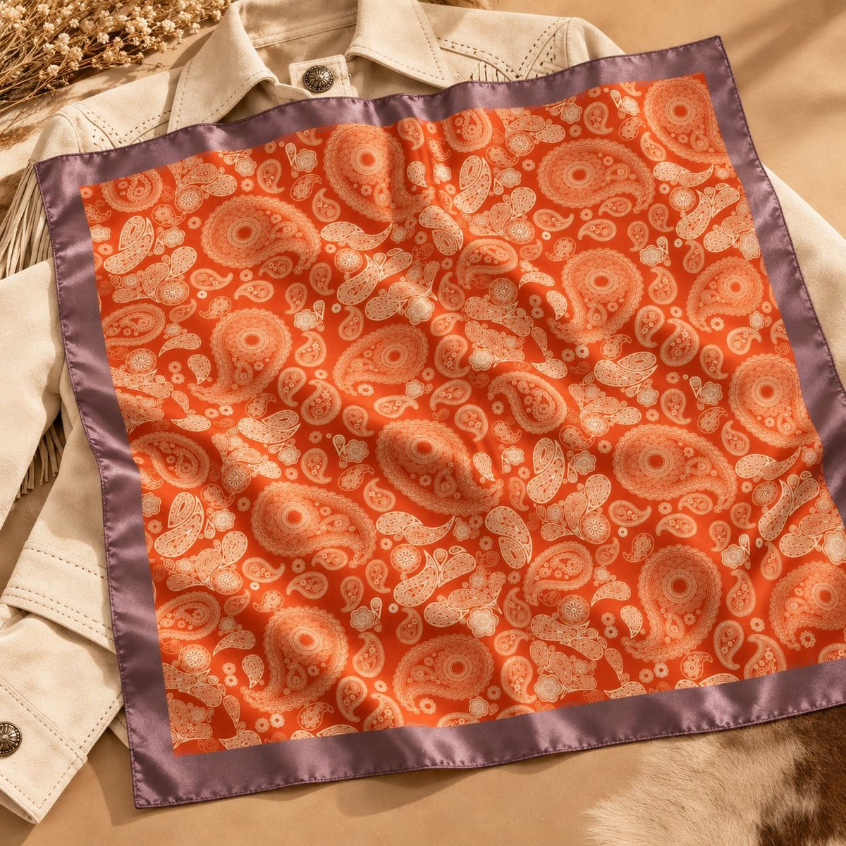 An orange silk-like scarf with a beige paisley pattern and a purple satin border, styled flat on top of a cream jacket.