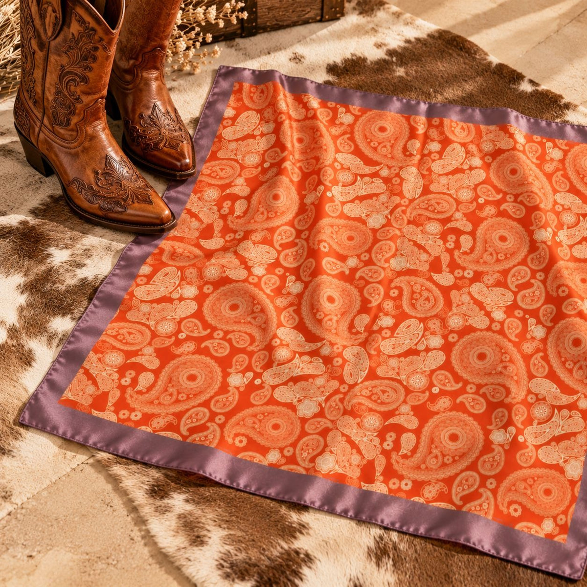 An rust-colored paisley silk scarf with a purple satin border, styled on a cowhide rug next to a pair of brown leather cowboy boots.