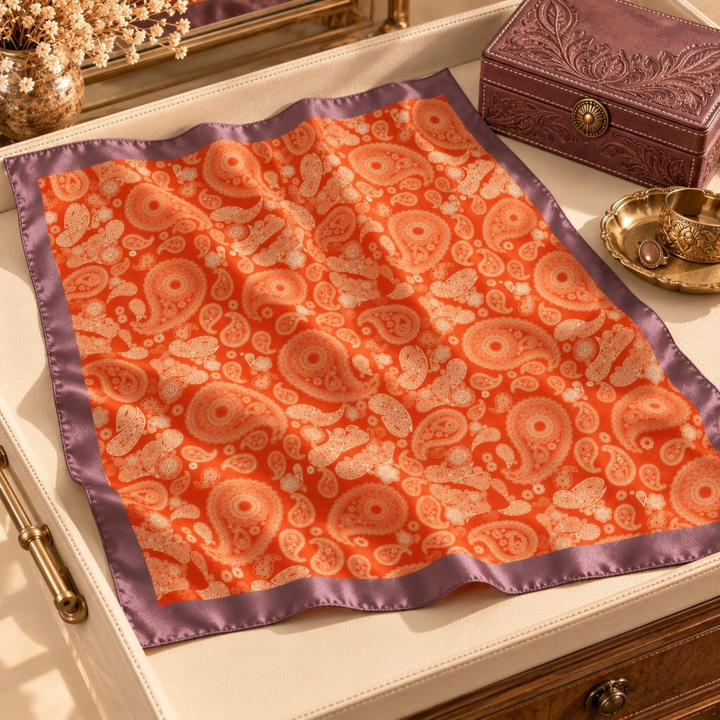 An orange silk scarf with a beige paisley pattern and a purple border, styled on a cream-colored leather tray next to a purple embossed jewelry box and gold accessories.