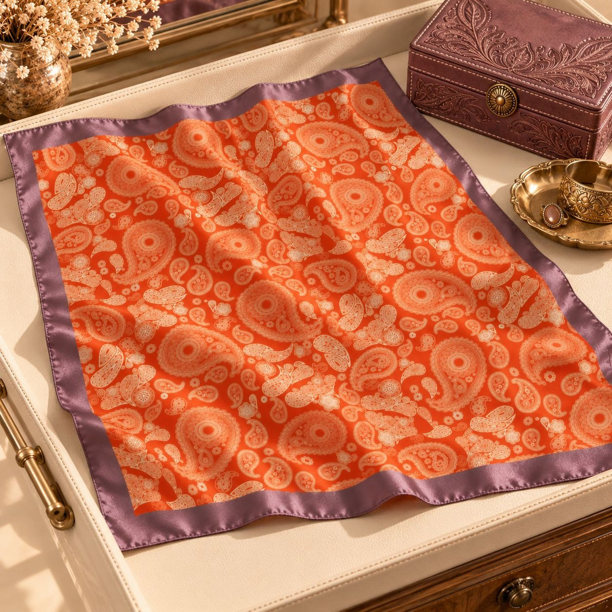 An orange silk scarf with a beige paisley pattern and a purple border, styled on a cream-colored leather tray next to a purple embossed jewelry box and gold accessories.
