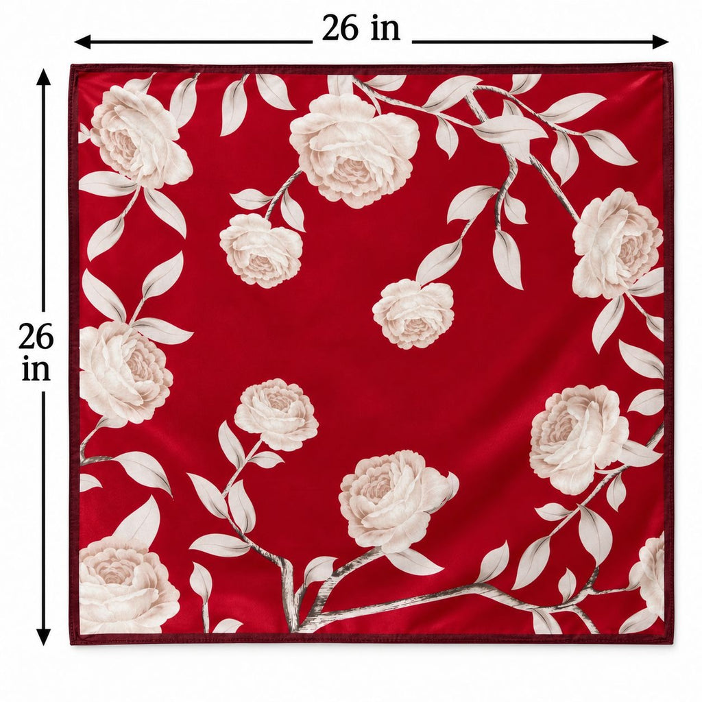 A square red scarf or pocket square with a cream floral rose pattern, shown with dimension lines indicating 26 inches on each side.