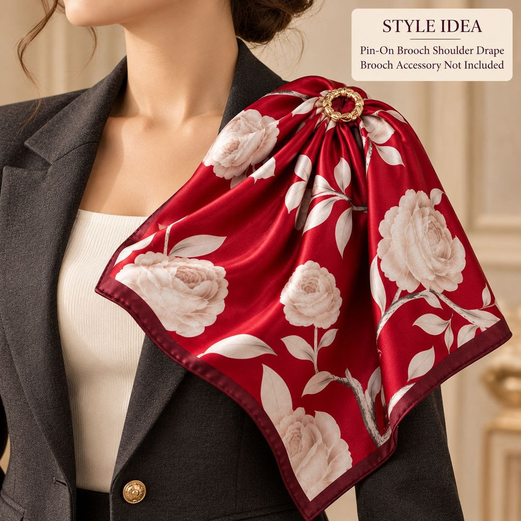 A close-up of a woman wearing a dark gray blazer over a white top, with a red satin shoulder drape featuring a large white rose and leaf pattern tied at the shoulder. A text box in the top right reads 'STYLE IDEA' and 'Pin-On Brooch Shoulder Drape Brooch Accessory Not Included'.