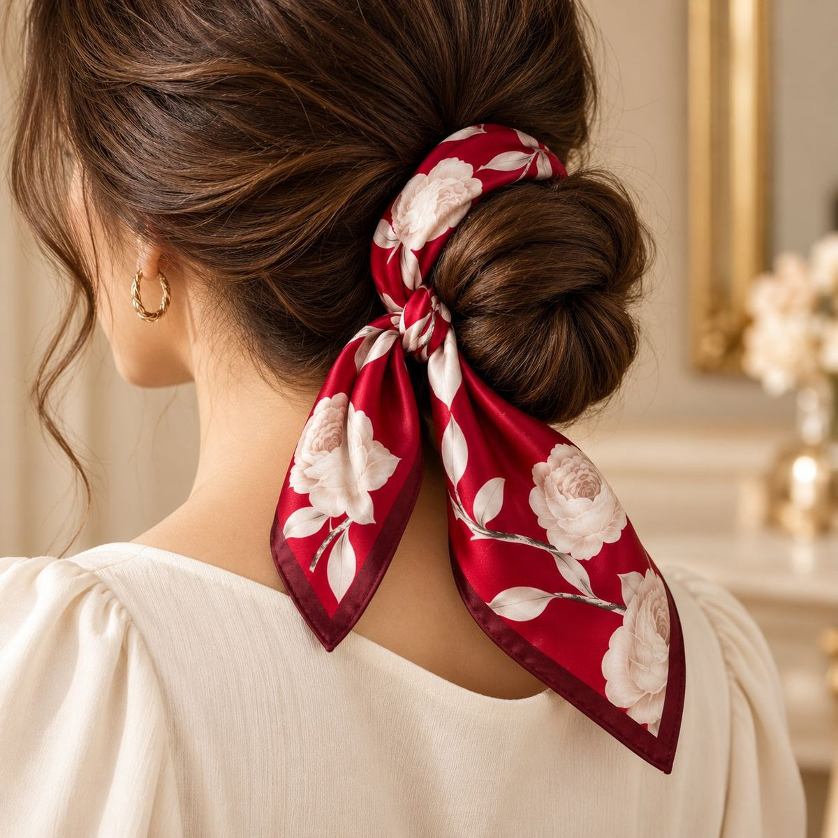 A woman shown from the back wearing a deep red satin hair tie with a white floral print, styled in a low bun.