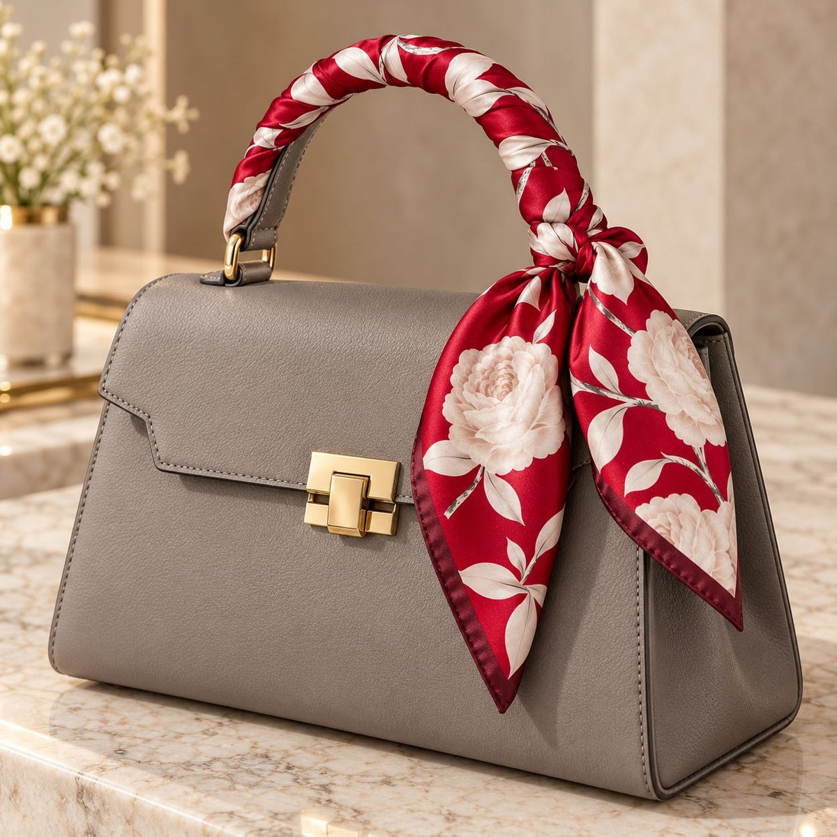 A structured gray handbag with a gold clasp sits on a marble surface, featuring a red and white floral silk handle wrap tied around the top handle.