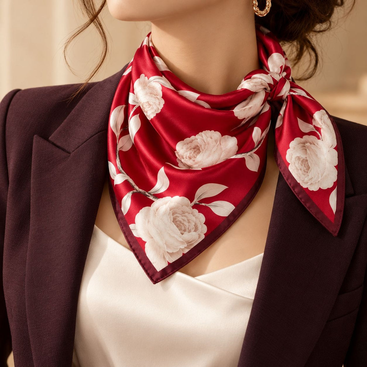 A close-up of a woman wearing a red satin neck scarf with a white rose pattern, styled under a dark plum blazer and cream top.