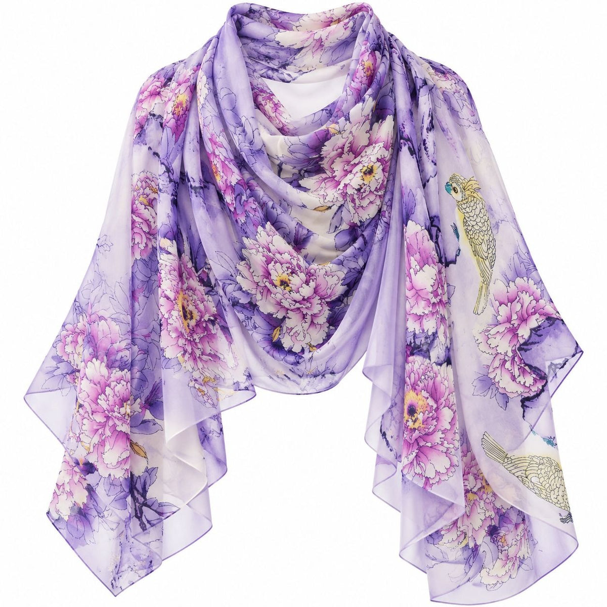 A lightweight, semi-sheer square scarf featuring a purple and pink floral print with peony blossoms and two gold-colored birds, displayed against a solid white background.