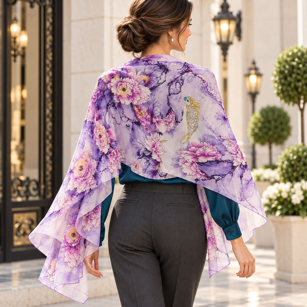 A woman shown from behind wearing a sheer purple floral shawl with pink and lavender flowers and a small bird motif over a teal blouse and dark gray trousers, standing in an elegant outdoor corridor.