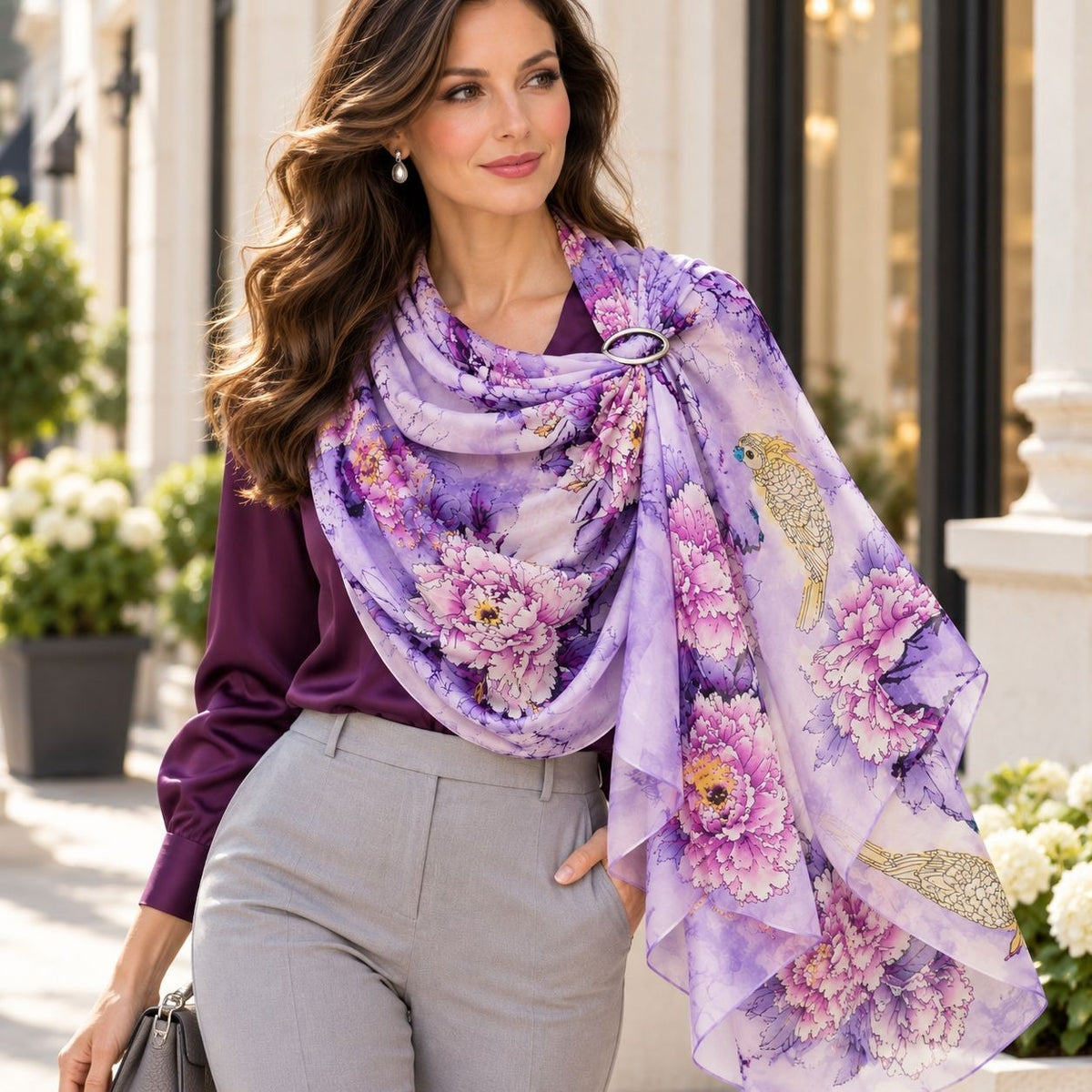 A woman wearing a purple floral shawl with pink and gold peony and bird patterns over a dark purple top and gray trousers, standing in front of a softly blurred storefront background.