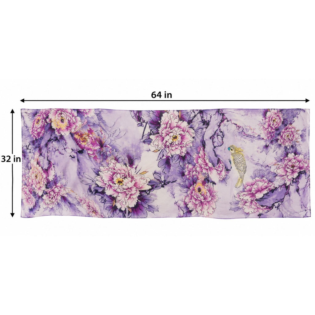 A floral scarf or bandana with a purple and pink peony pattern and a small bird illustration, shown with dimension lines indicating 64 inches by 32 inches on a white background.