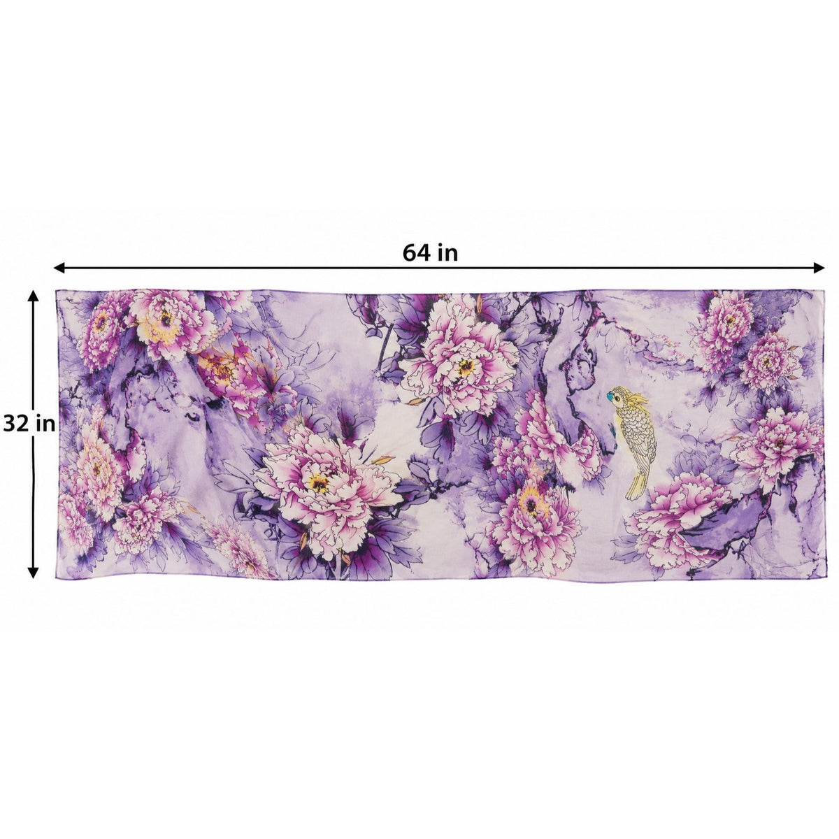 A floral scarf or bandana with a purple and pink peony pattern and a small bird illustration, shown with dimension lines indicating 64 inches by 32 inches on a white background.