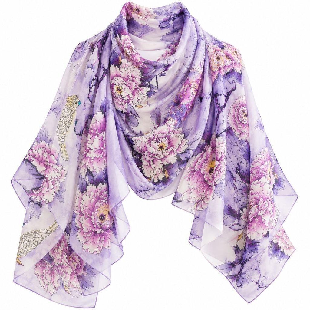 Lavender Purple Floral Chiffon Scarf, 64 x 32 Inch Bird Print Wrap Shawl