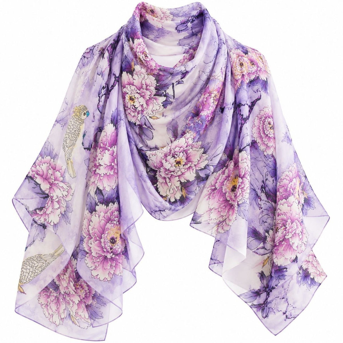 Lavender Purple Floral Chiffon Scarf, 64 x 32 Inch Bird Print Wrap Shawl