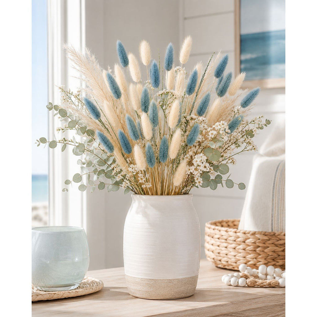 Cream Blue Bunny Tail Grass 70 Stems | 16 Inch Dusty Blue Dried Lagurus for Wedding Centerpieces Coastal Decor